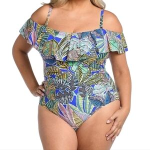 La Blanca Blue Off Shoulder Ruffle One Piece Swimsuit Neon Nights Sz 22W Nwt